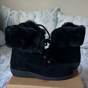 Style & Co. Black Faux Fur Lace-Up Wedge Ankle Boots